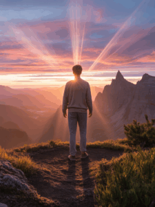 homme debout devant une montagne